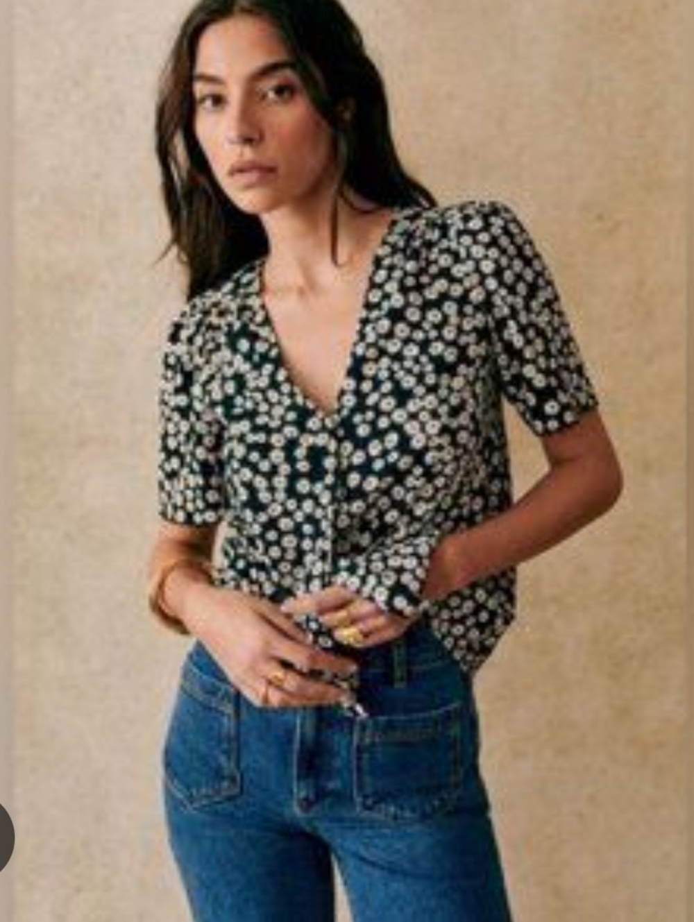 Sézane Indira Daisy Print Blouse Black Floral Size 44 NWT